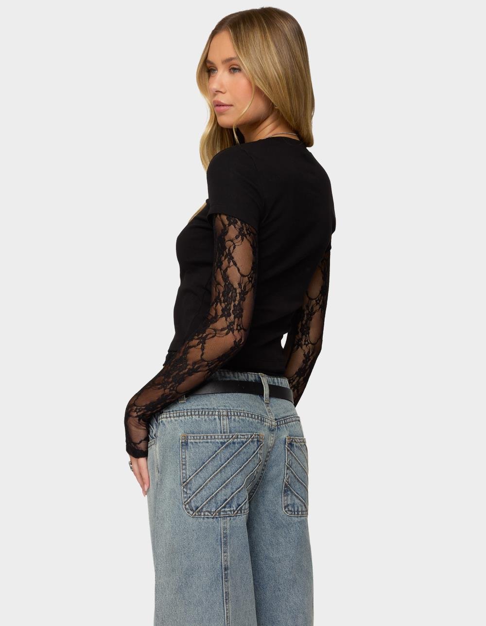 EDIKTED Layered Lace Sleeve Tee - BLACK