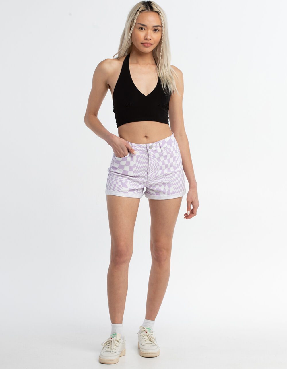 TINSELTOWN High Rise Womens Checker Mom Shorts LILAC Tillys