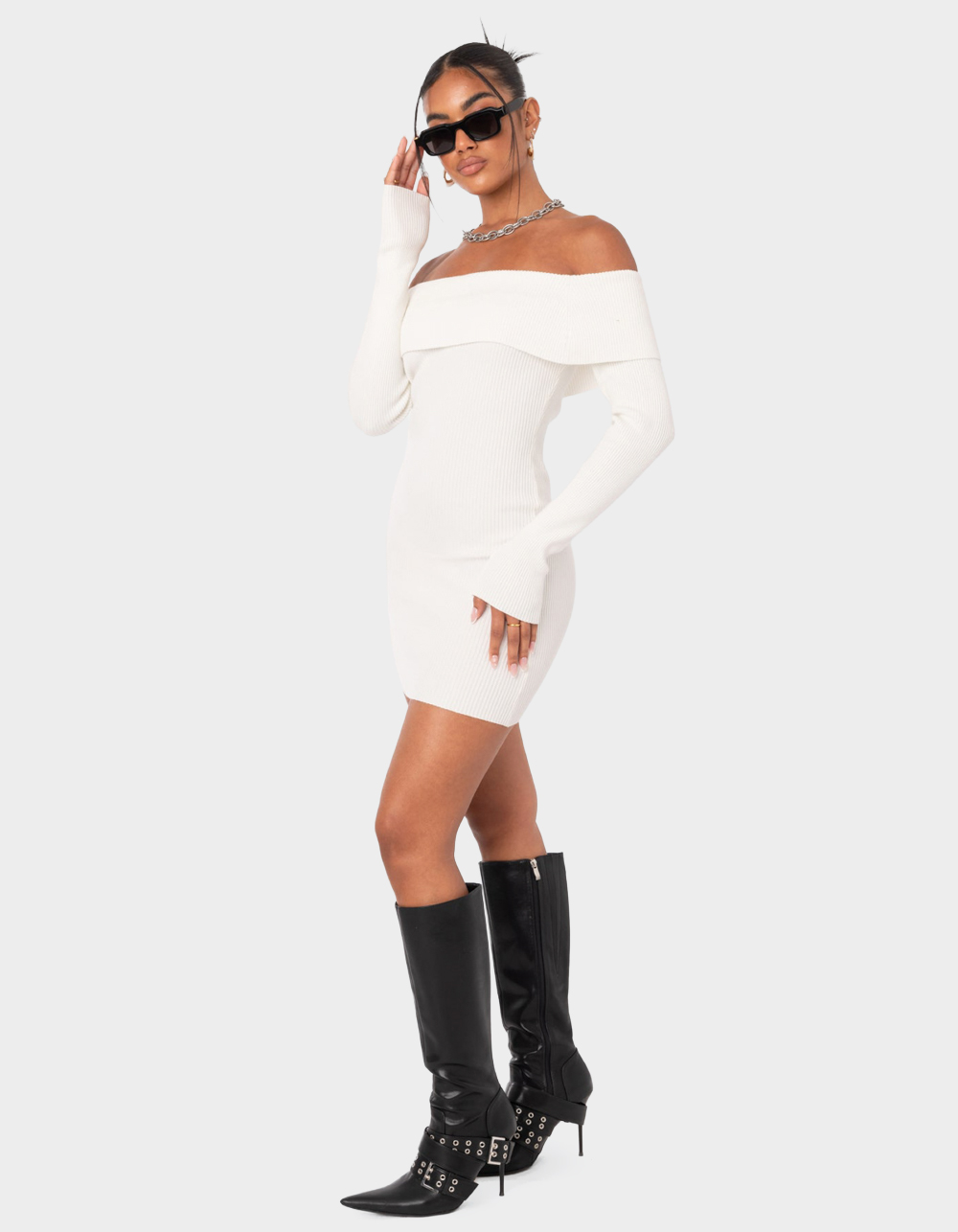 EDIKTED Emma Foldover Knitted Dress - WHITE