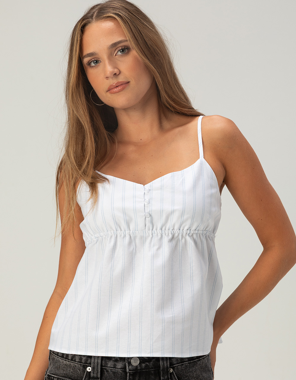 RSQ Womens Stripe Henley Babydoll Cami - WHT/BLUE