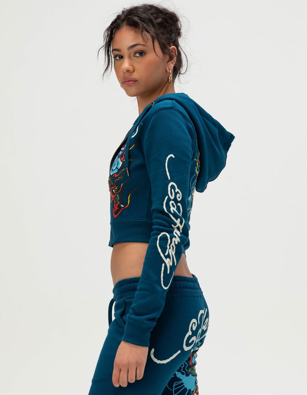 ED HARDY Flame Rose Womens Zip-Up Hoodie - BLUE