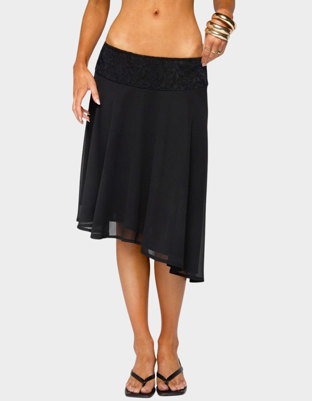 EDIKTED Evia Lacey Asymmetric Midi Skirt - BLACK