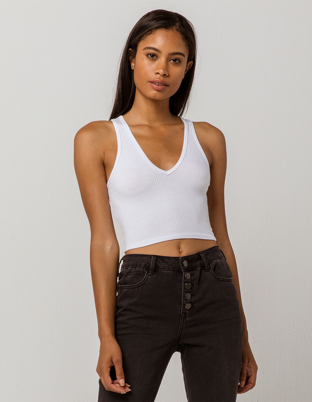 DESTINED Ribbed V-Neck White Womens Crop Tank Top
