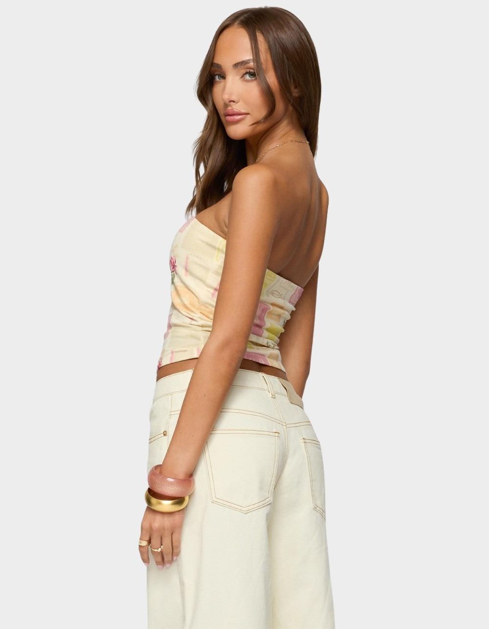 EDIKTED Cicilla Vintage Mixed Print Tube Top - BEIGE