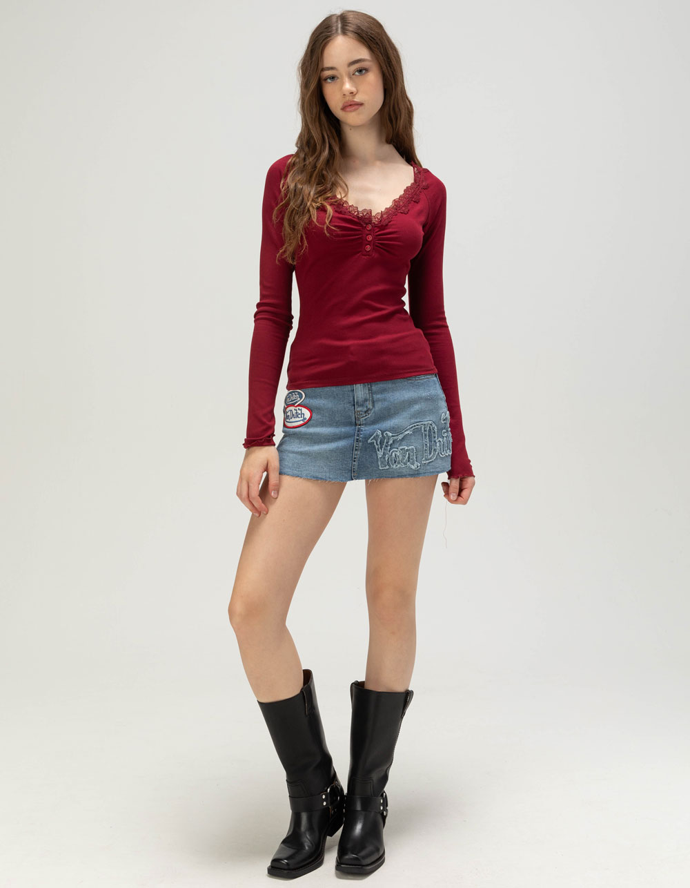 VON DUTCH Womens Low Rise Micro Mini Skort - MEDIUM WASH
