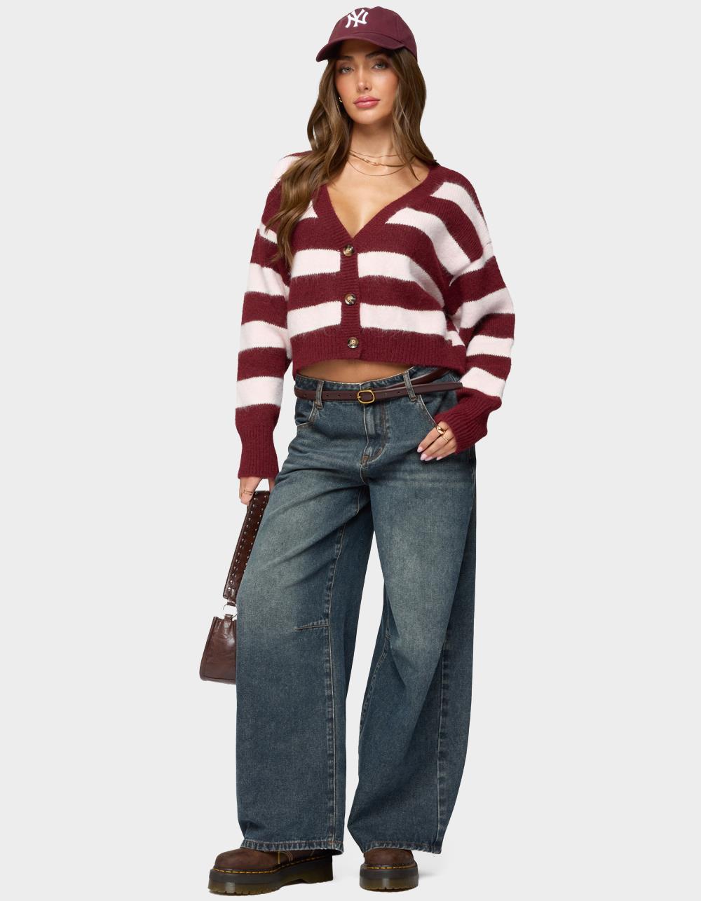 EDIKTED Kaz Striped Knit V-Neck Cardigan - DK RED