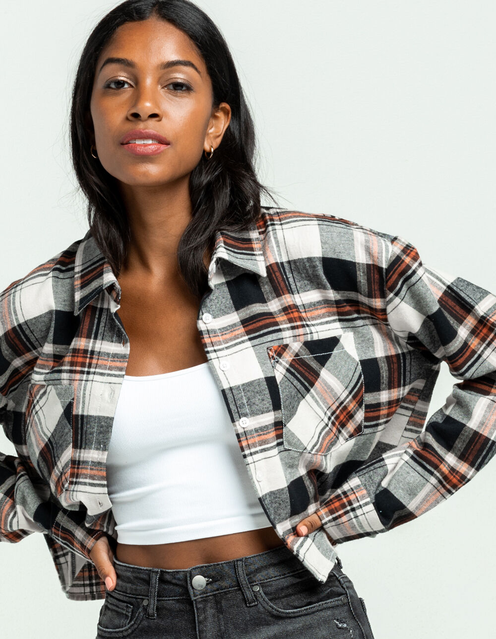 RSQ Big Plaid Womens Crop Flannel Shirt - CREAM COMBO | Tillys