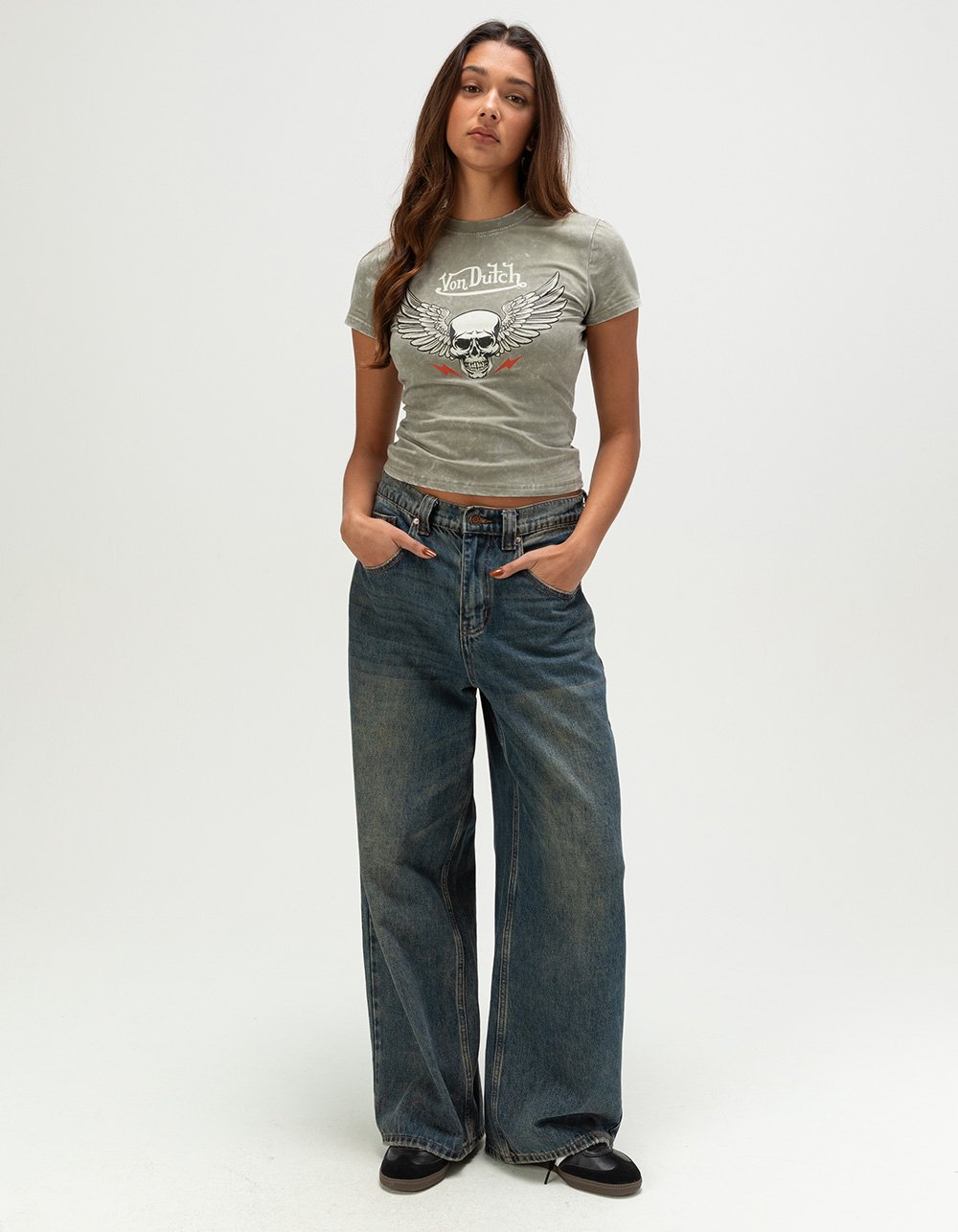 VON DUTCH Skull Womens Skimmer Tee - OLIVE
