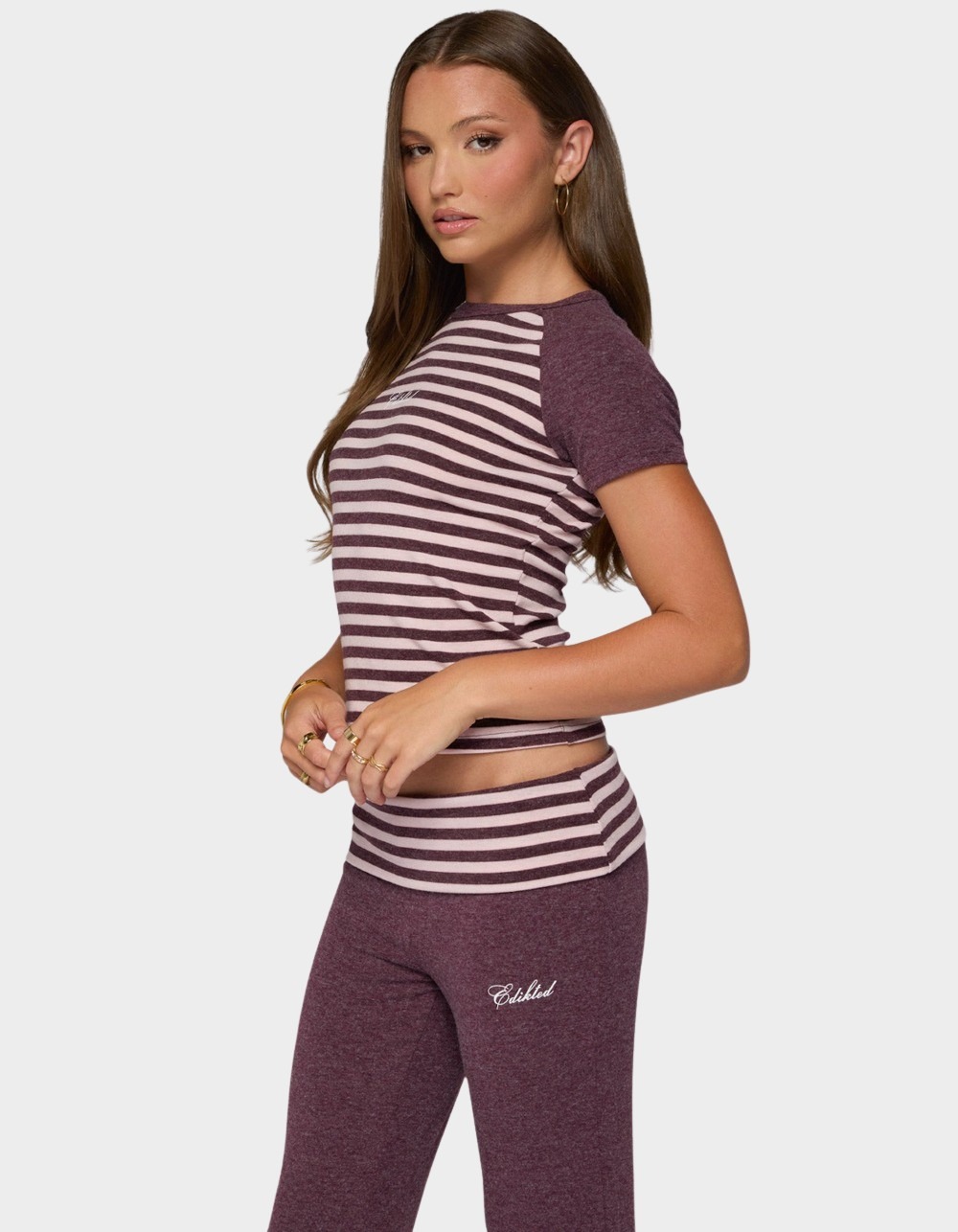 Edikted Stay Stripey Raglan Tee - DK RED