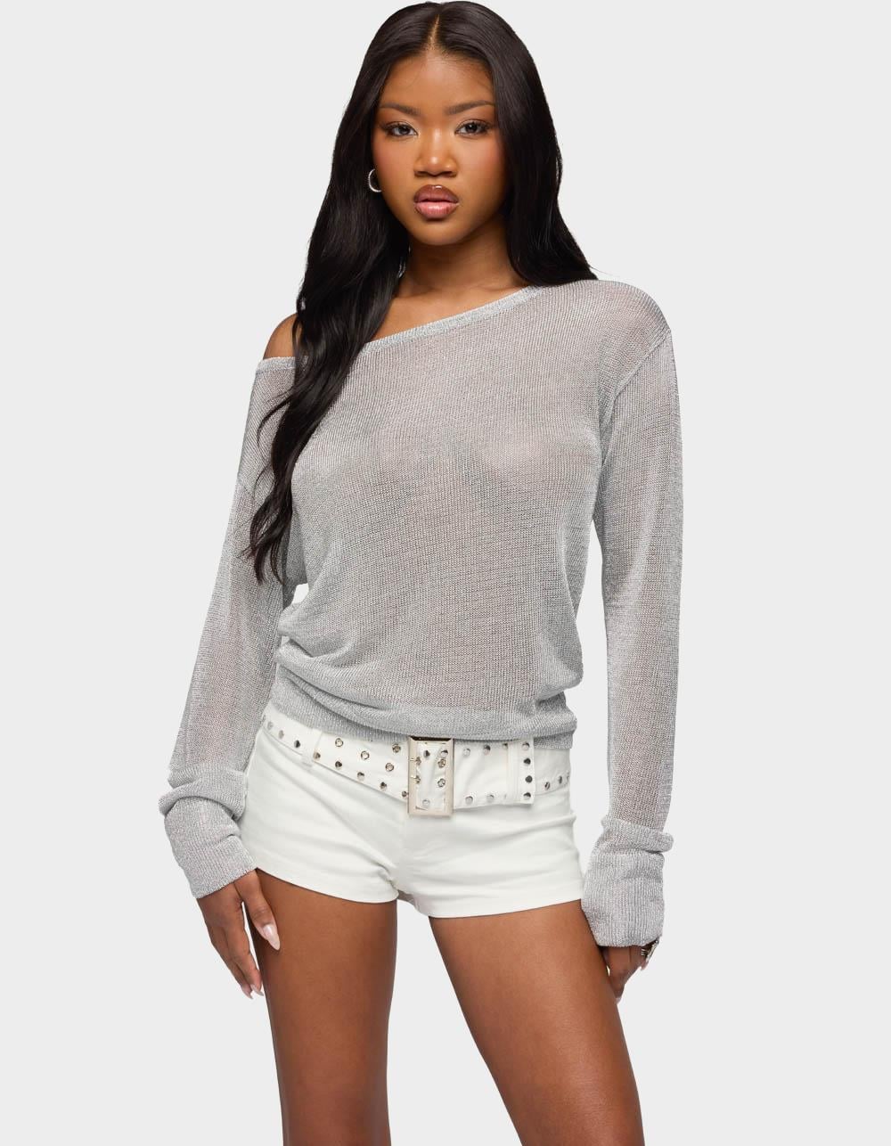 EDIKTED Charlo Off Shoulder Shiny Knit Top - SILVER