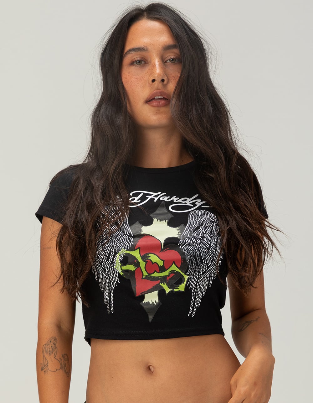 ED HARDY Sacred Heart Womens Baby Tee - BLACK