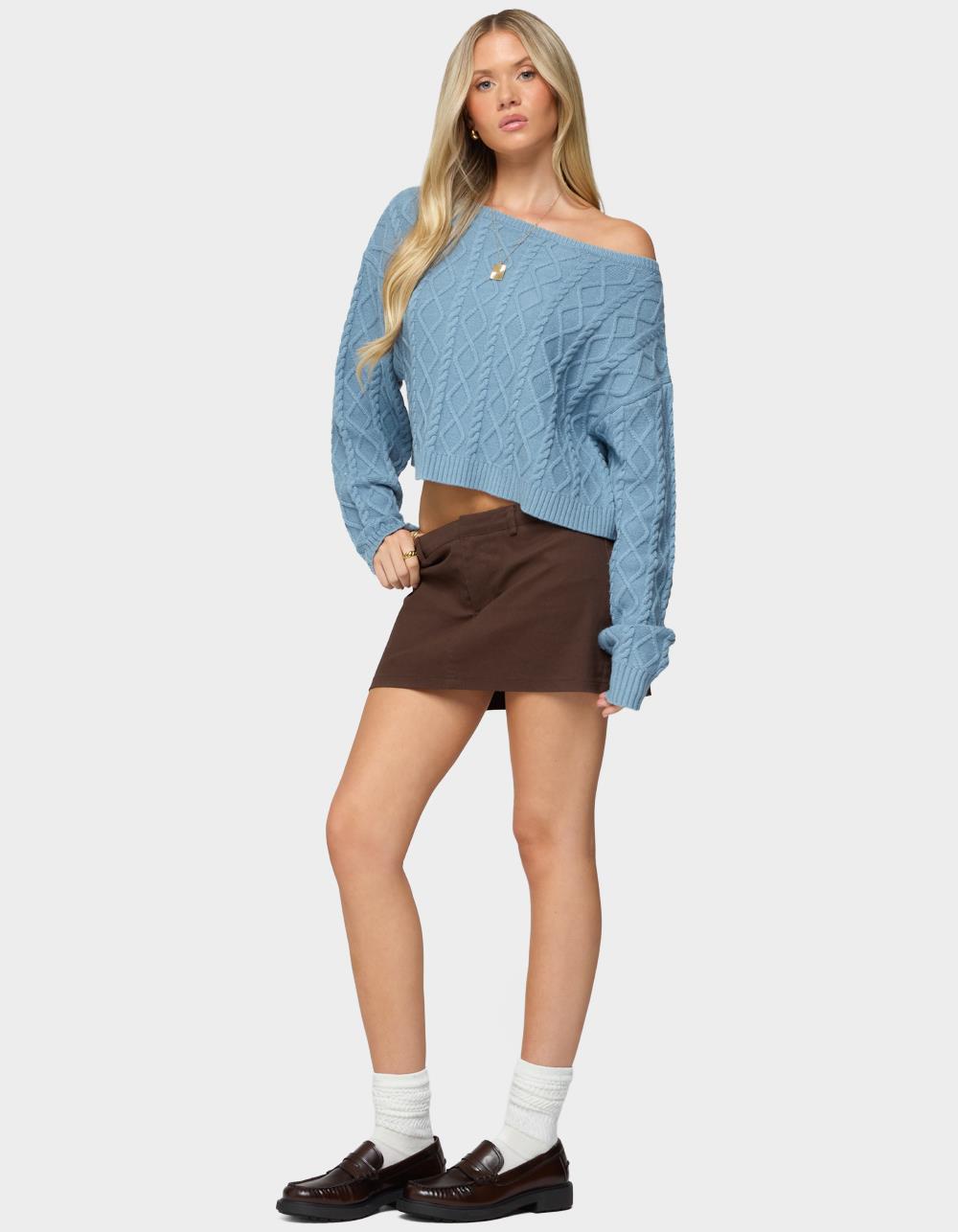 EDIKTED Oversized Off Shoulder Cable Knit Sweater - BLUE