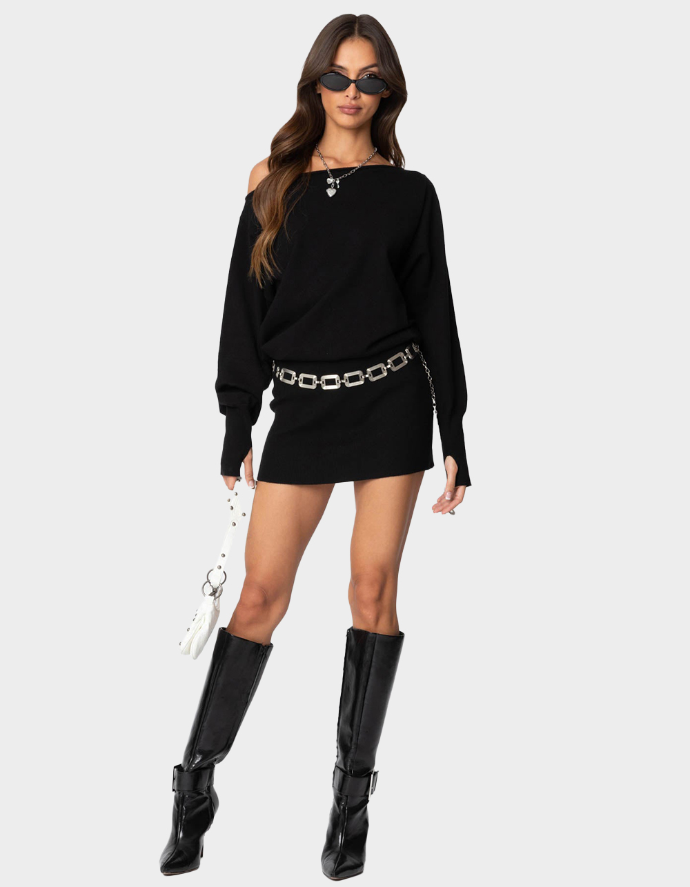 EDIKTED Eve Off Shoulder Knit Mini Dress - BLACK