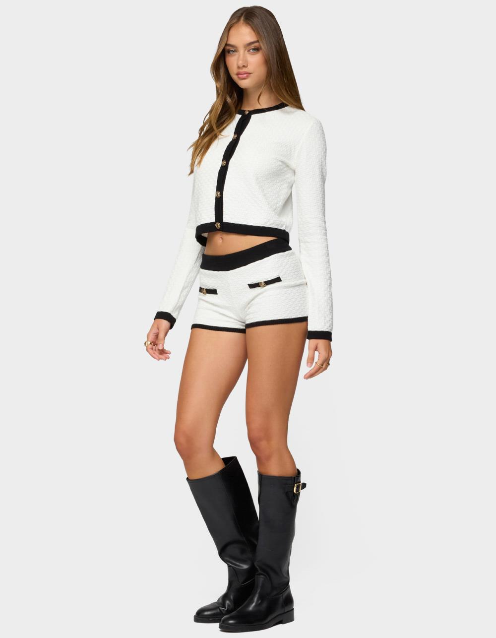 EDIKTED Mara Contrast Textured Knit Cardigan - WHITE