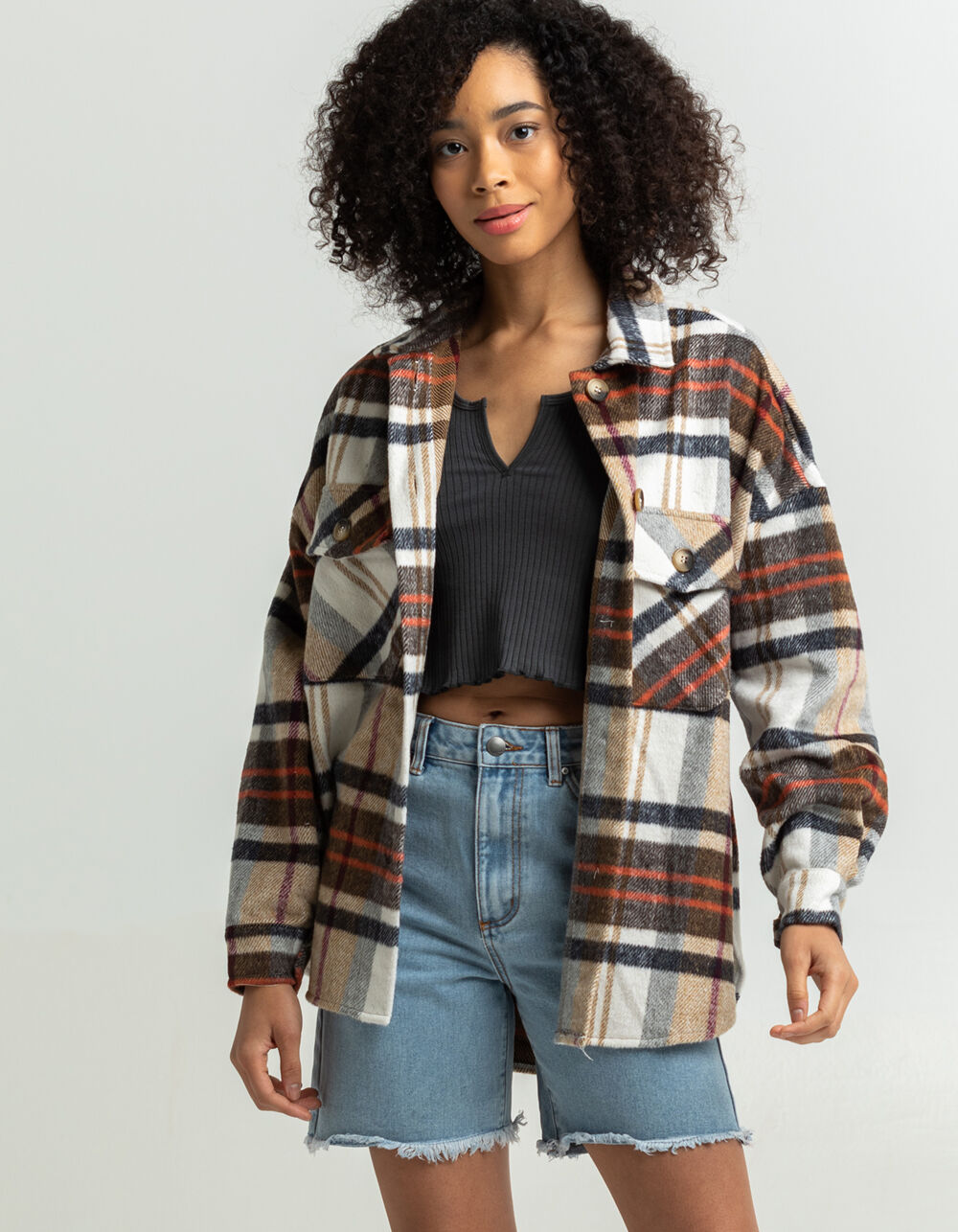 TIMING Womens Plaid Shacket TAN COMBO Tillys