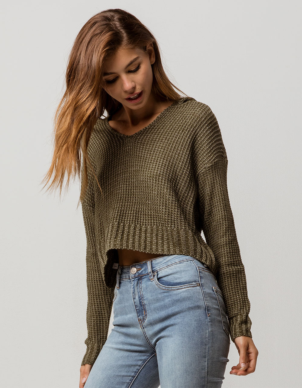 SKY AND SPARROW Crop Olive Womens Hooded Sweater - OLIVE | Tillys
