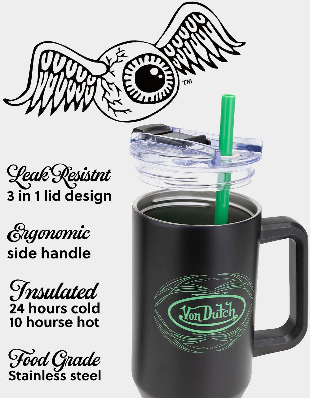 VON DUTCH 40oz Venom Stripe Double Walled Insulated Stainless Steel Tumbler - BLACK