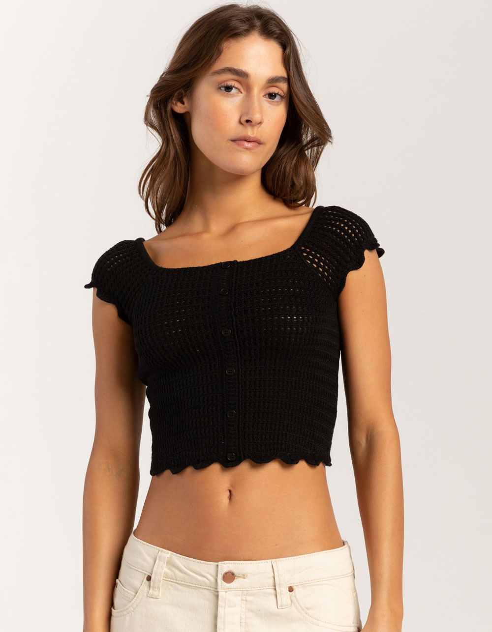 FULL TILT Open Knit Button Front Womens Sweater