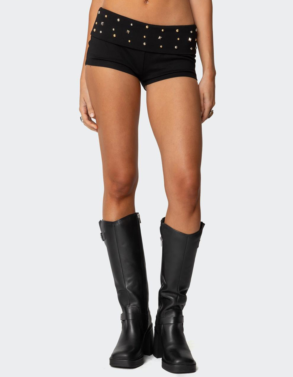 EDIKTED Studded Fold Over Micro Shorts - BLACK