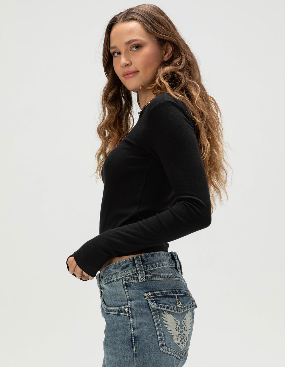 STRANGER THINGS Womens Long Sleeve Baby Tee - BLACK