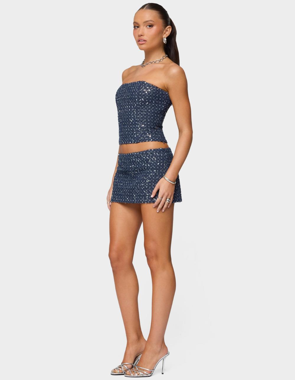 EDIKTED Sora Sequin Denim Mini Skort - DARK BLUE