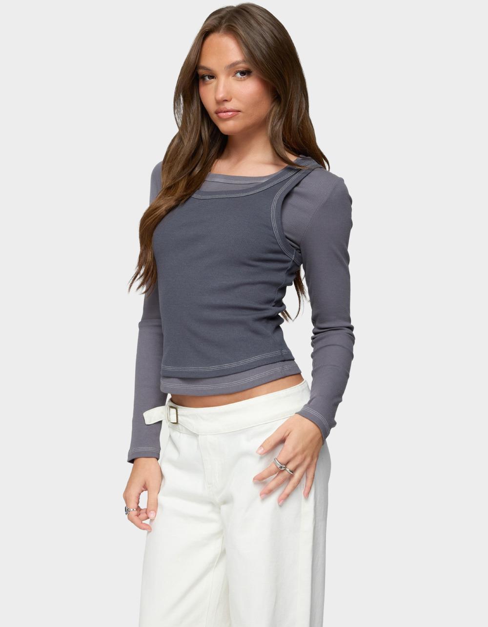 EDIKTED Zane Contrast Layered Long Sleeve Top - GRAY