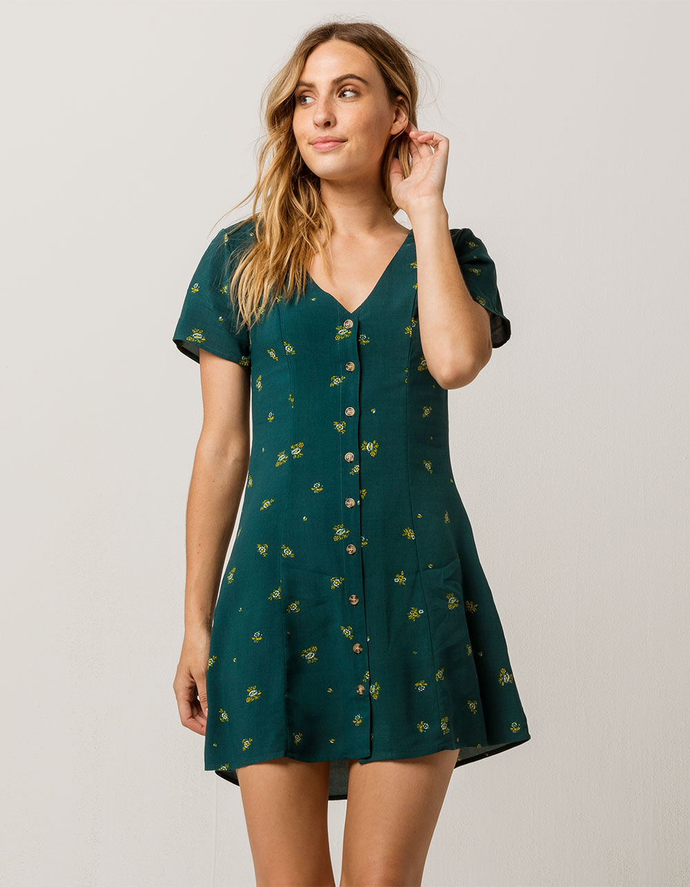 SKY AND SPARROW Floral Button Front Emerald Dress image number 0