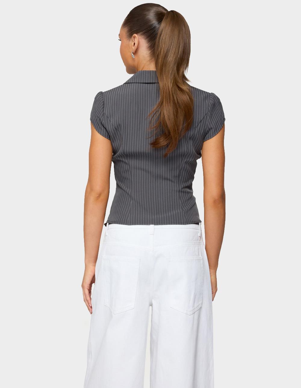 EDIKTED Juney Pinstripe Tailored Button Up Shirt - GRAY