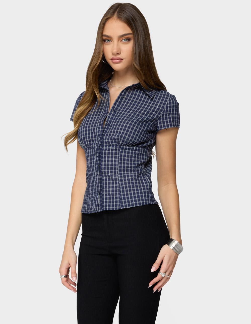 EDIKTED Oriya Gingham Tailored Button Up Shirt - NAVY