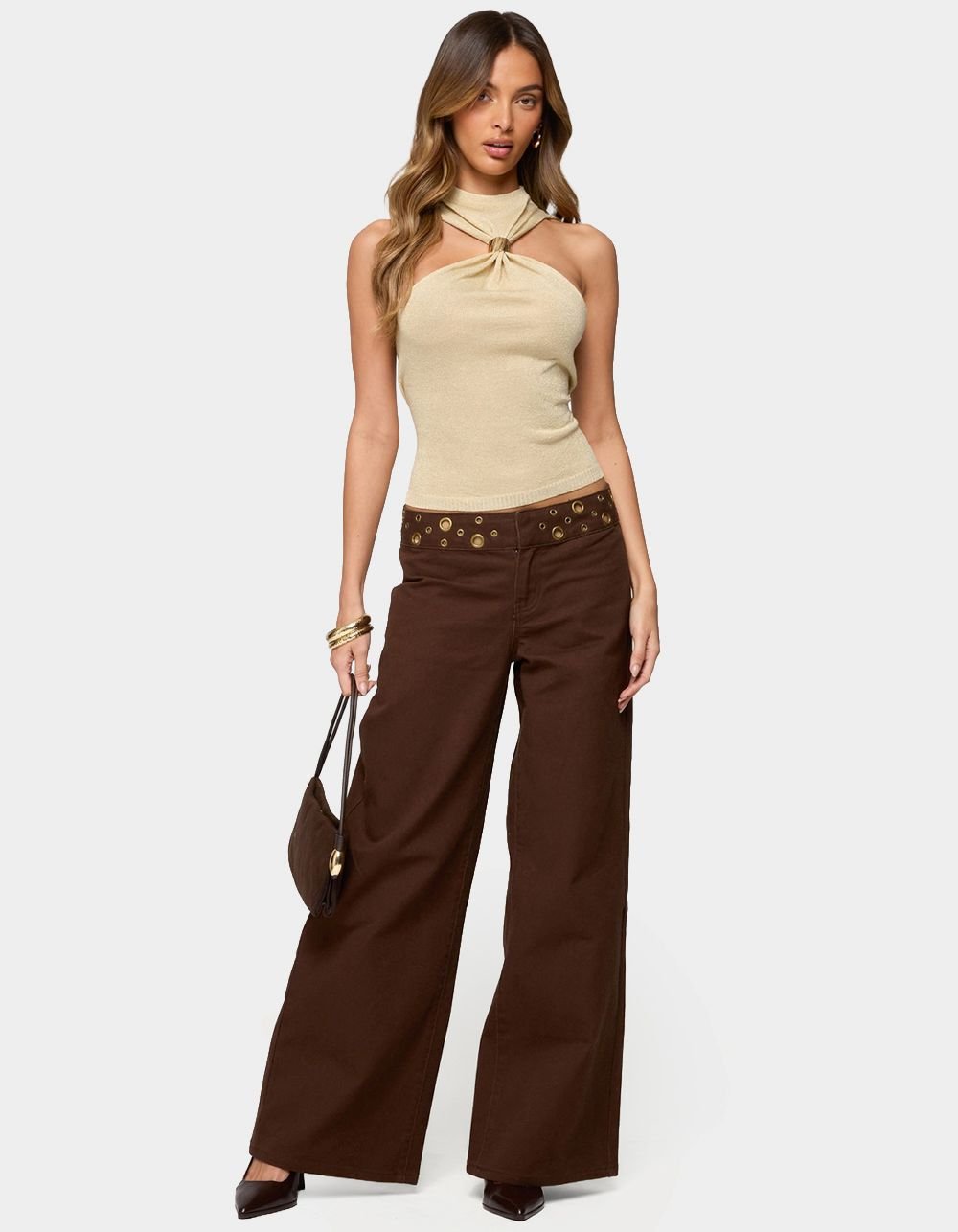 EDIKTED Mixed Grommet Low Rise Wide Leg Jeans - BROWN