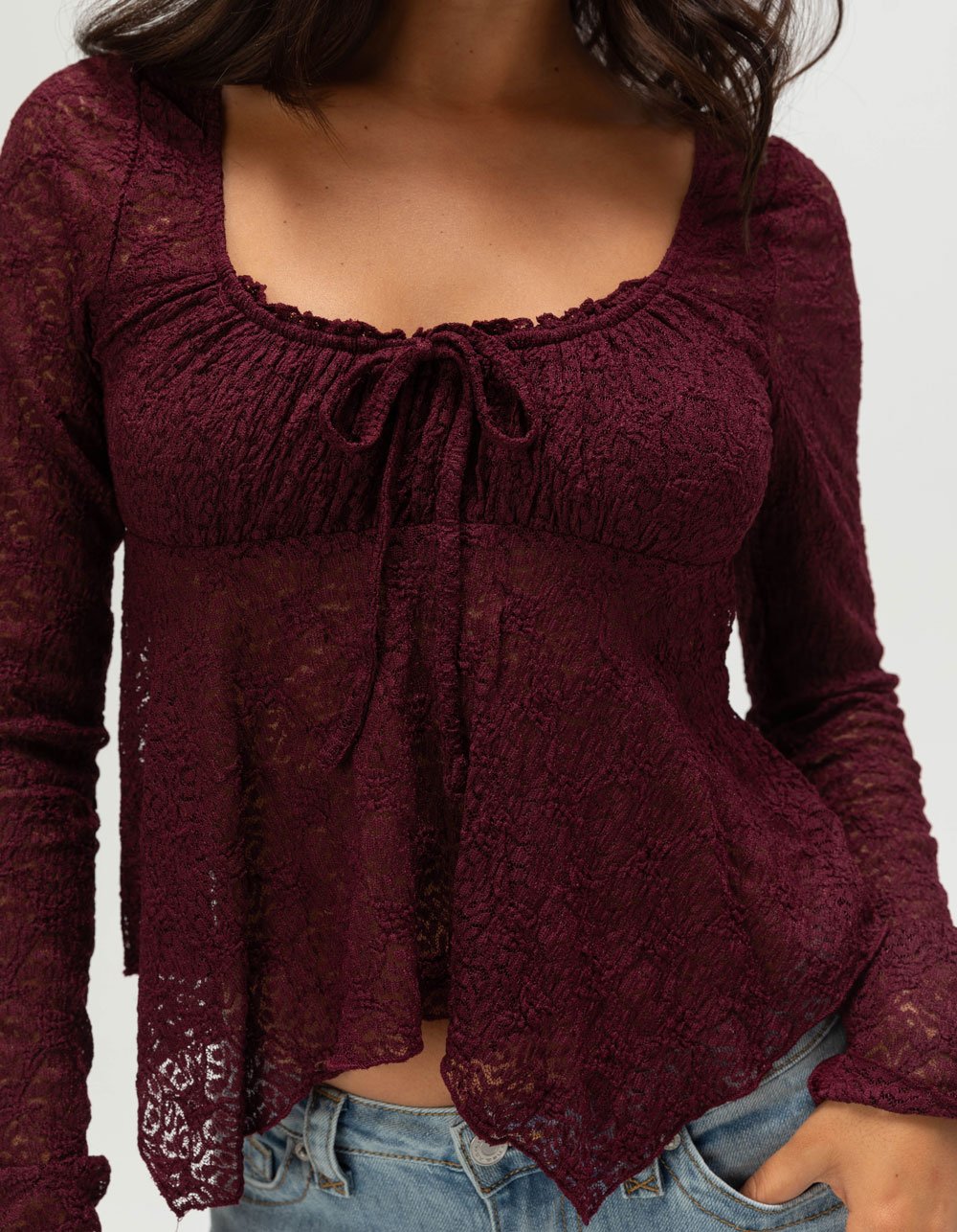 FULL TILT Lace Womens Babydoll Top - BURGUNDY
