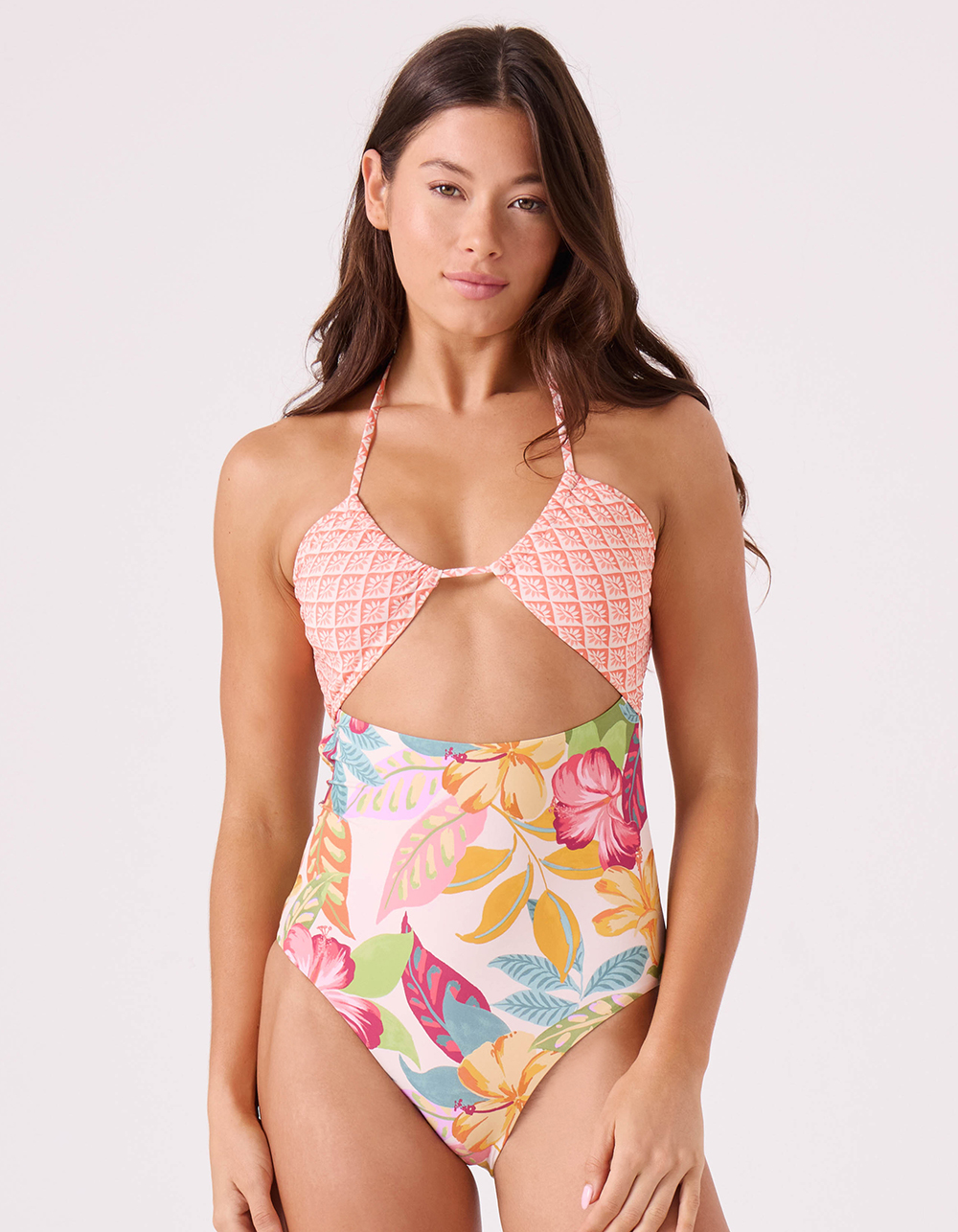 ROXY Hot Tropics Peek A Boo One Piece Swimsuit - WHITE/MULTI