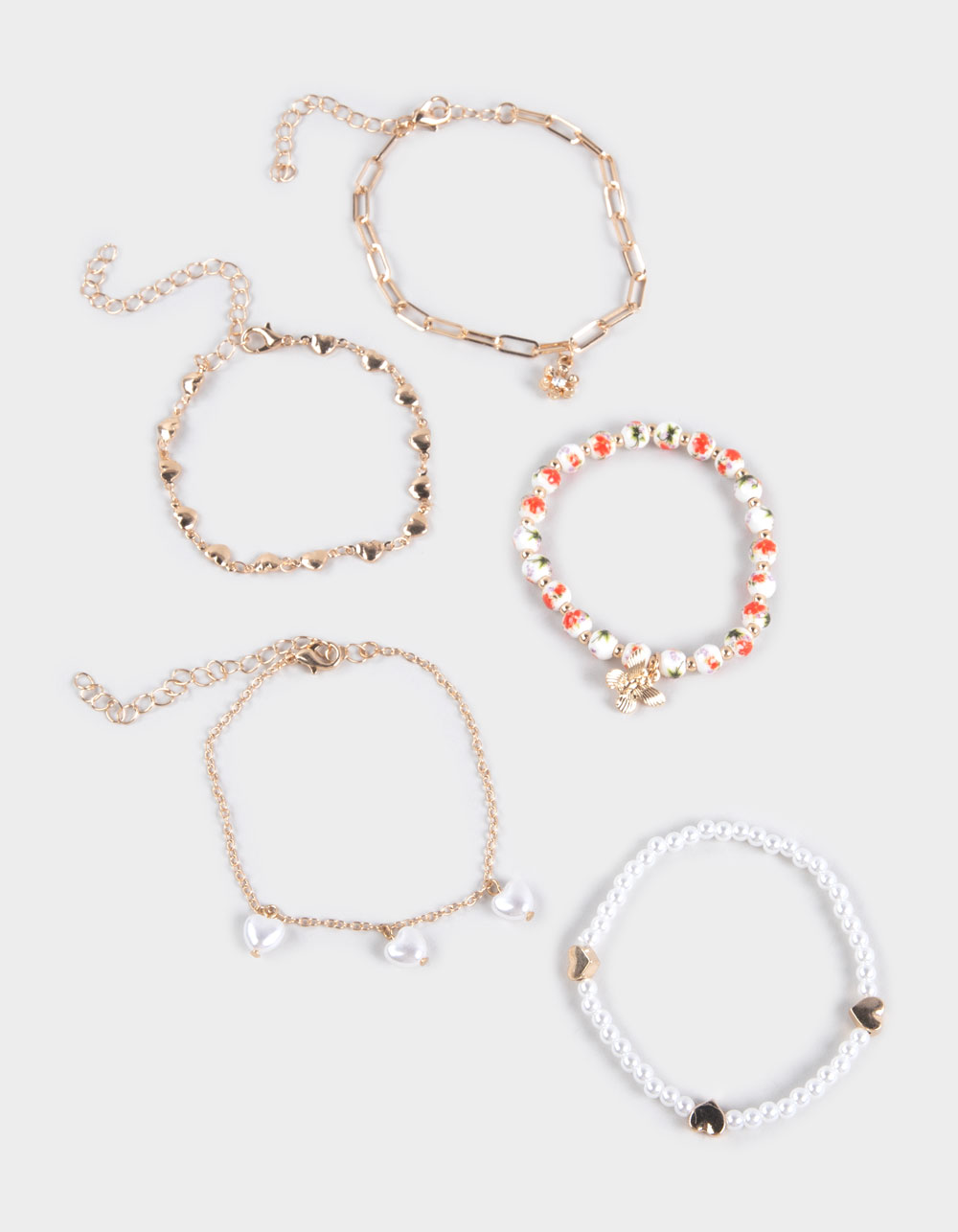 FULL TILT 5 Pack Pearl/Heart/Floral Bracelets - GOLD