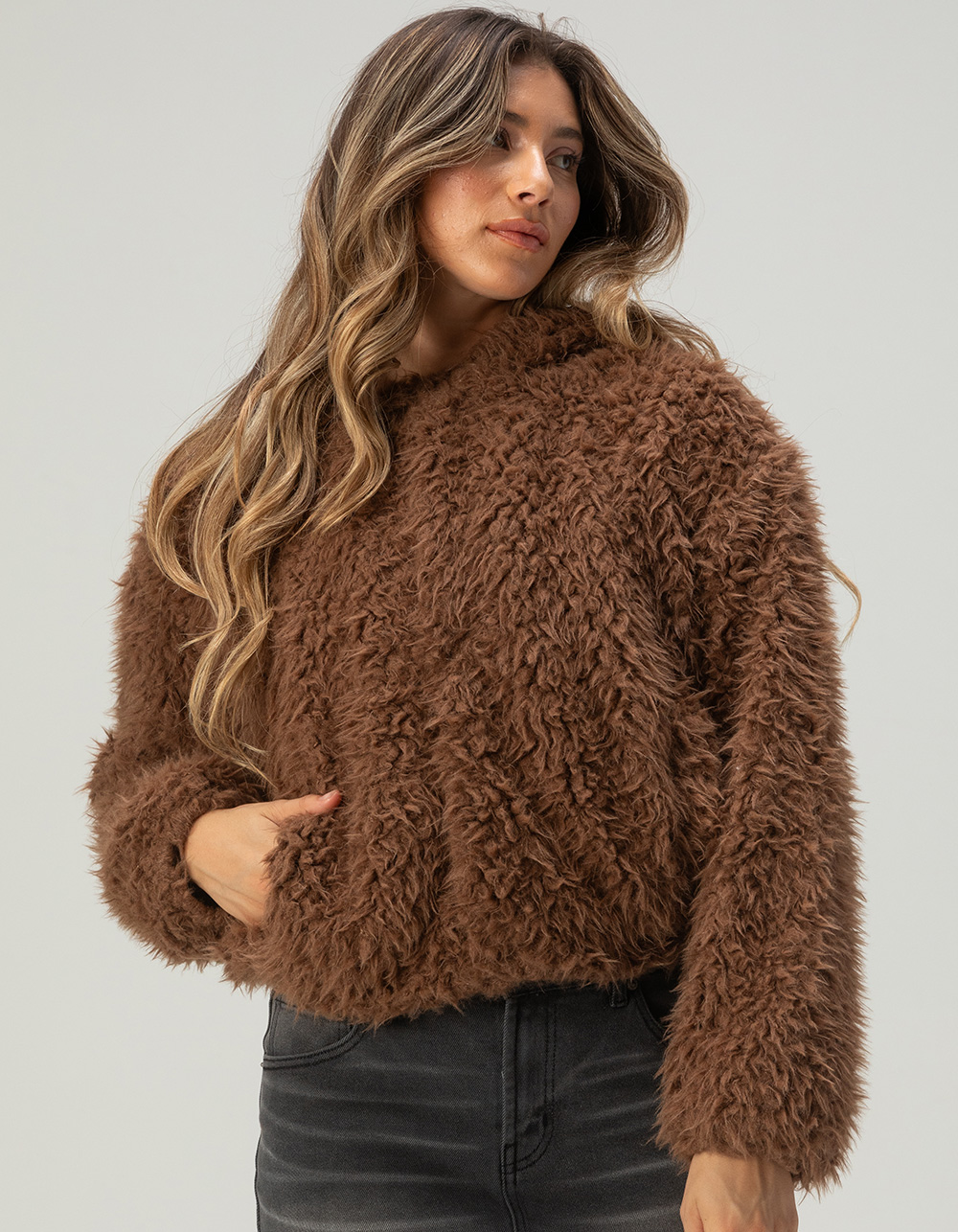 RSQ Womens Long Fur Hooded Jacket - TAN