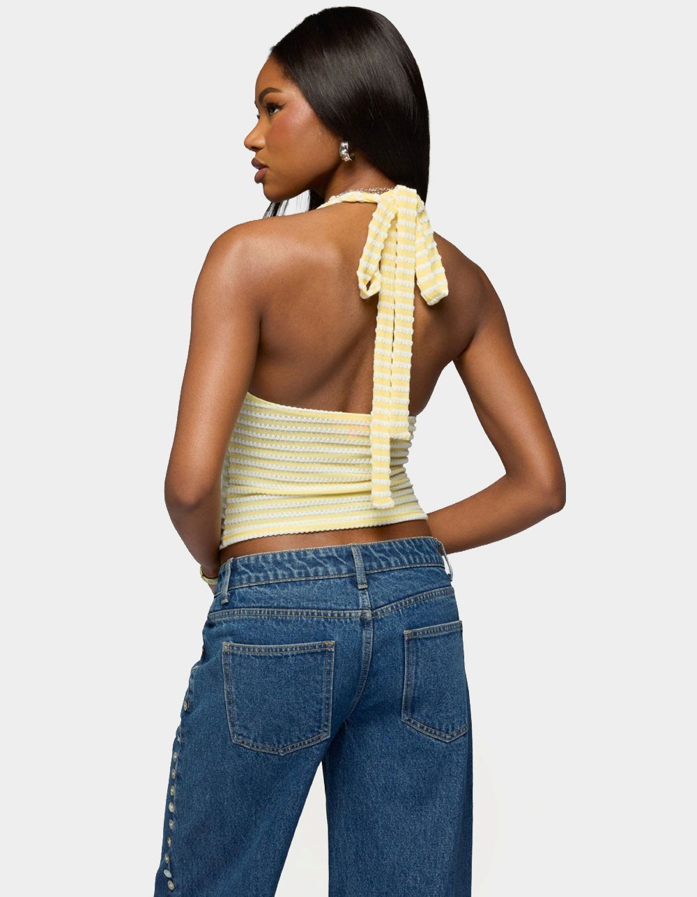 EDIKTED Maylah Keyhole Striped Textured Halter Top - YELLOW