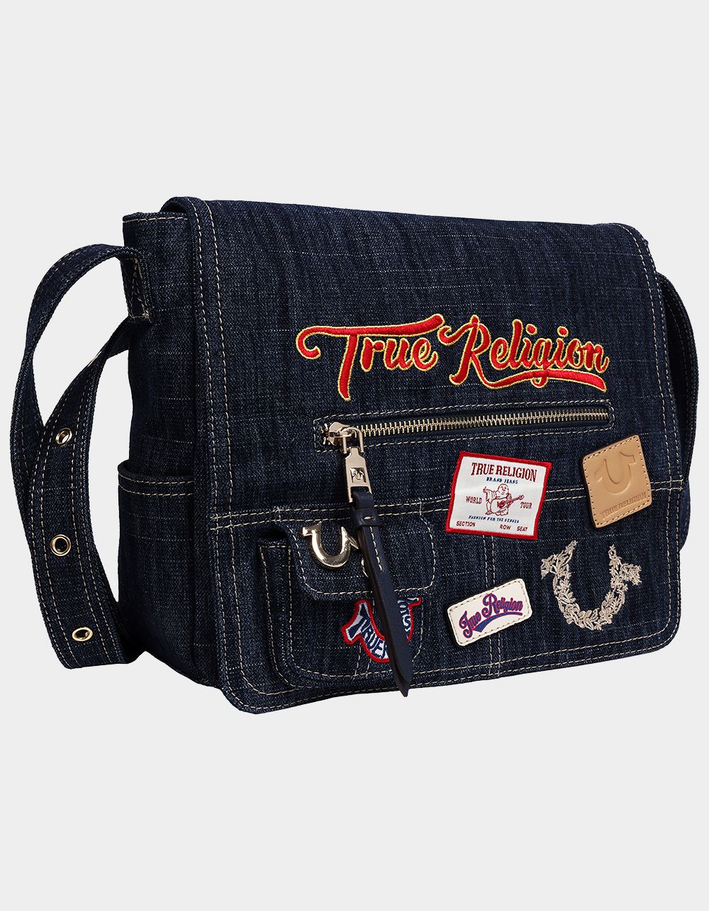 TRUE RELIGION Multi Patch Denim Messenger Bag - DK DENIM