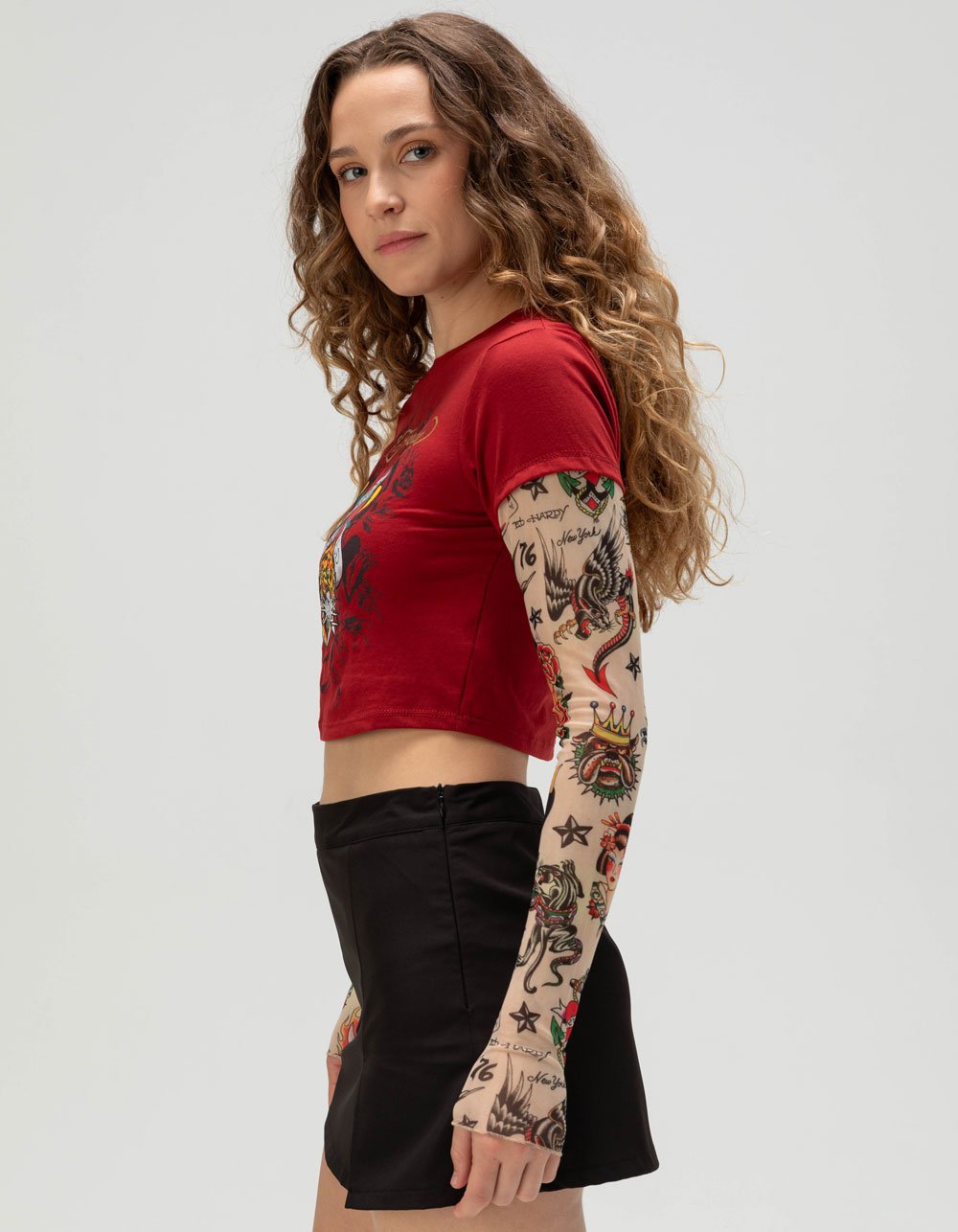 ED HARDY Love Tiger Womens Long Sleeve 2fer Baby Tee - WINE