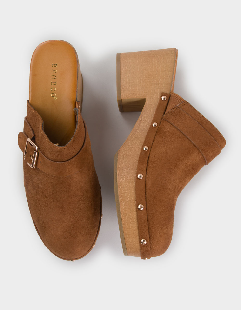 BAMBOO Lumber Stud Womens Clog Heels - CAMEL