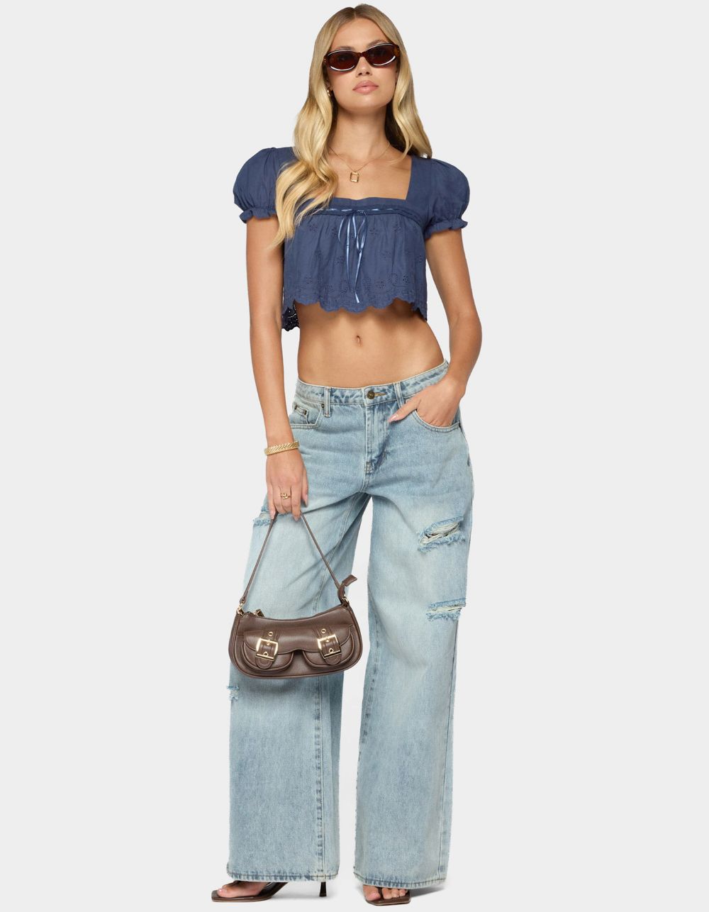 EDIKTED Joeli Cotton Eyelet Crop Top - NAVY
