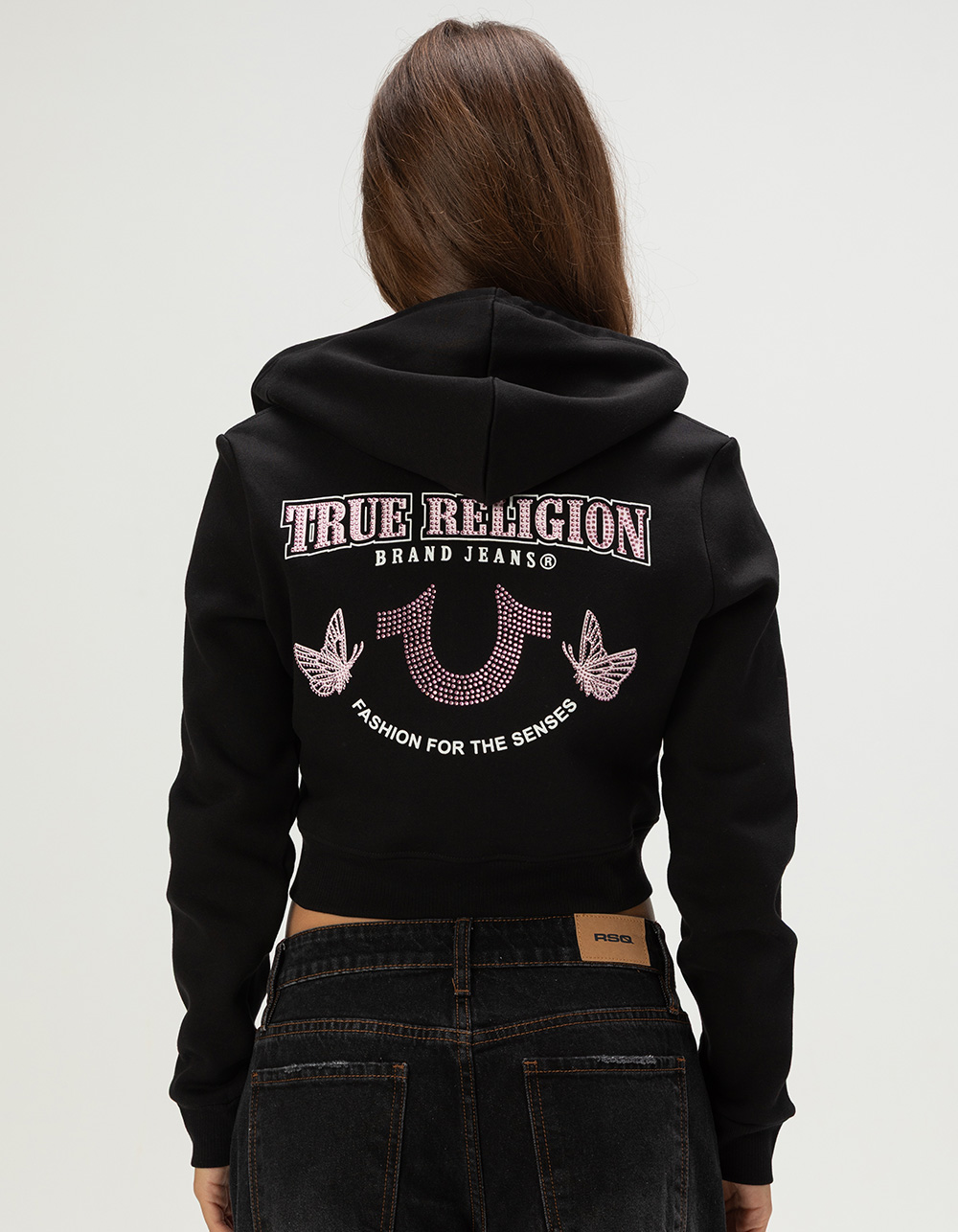 TRUE RELIGION Crystal Horseshoe Womens Zip-Up Hoodie - BLACK