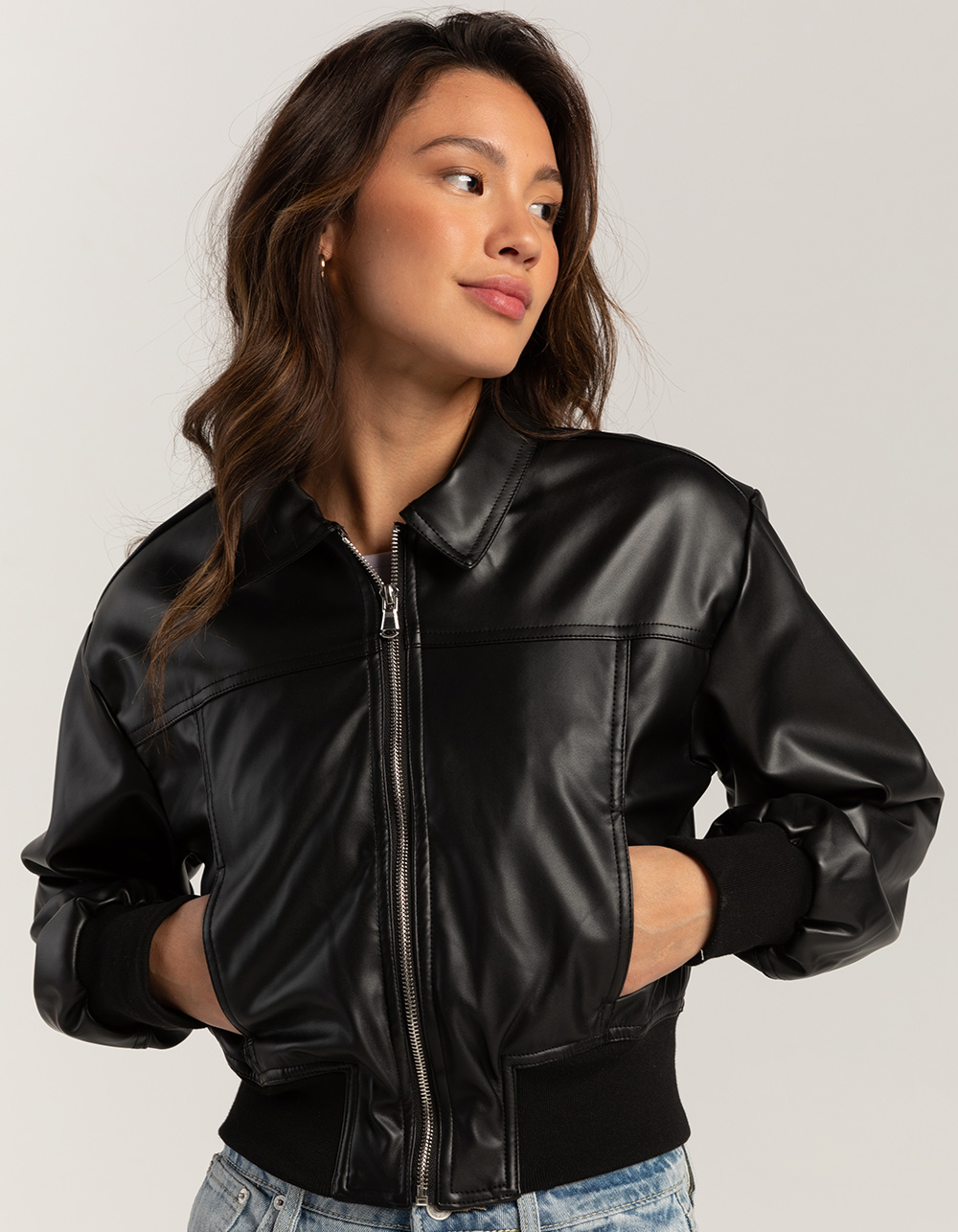 STOOSH Vegan Leather Womens Crop Bomber Jacket