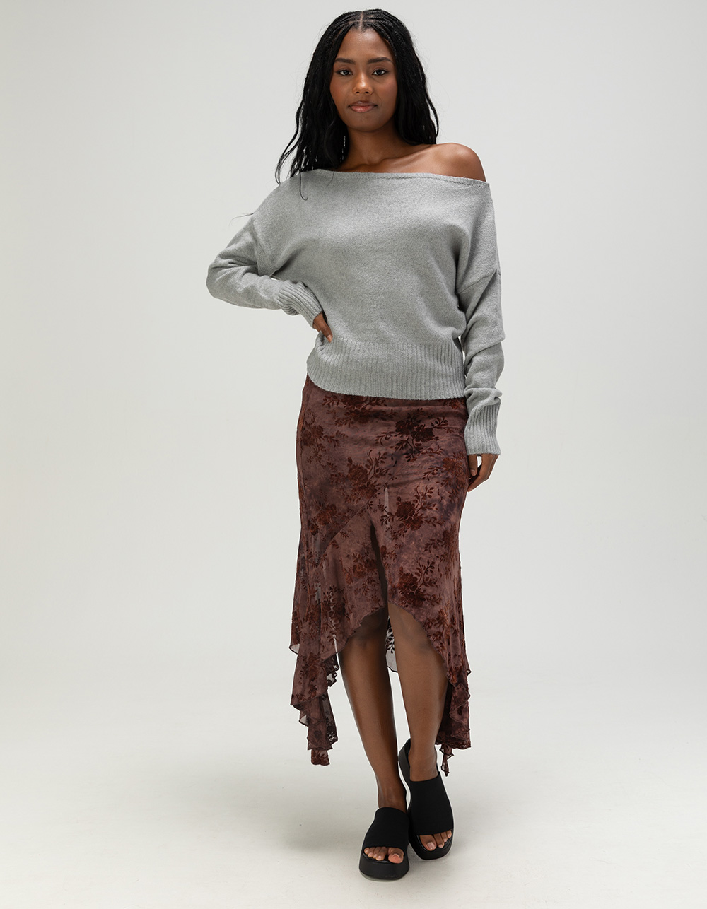 NECTAR CLOTHING Womens Flocked Midi Skirt - BURGUNDY