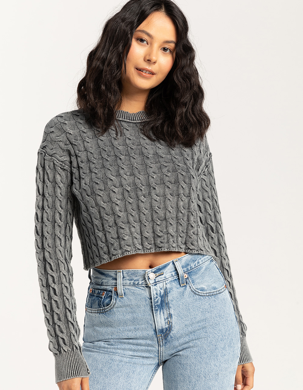 FULL TILT Washed Cable Womens Crop Sweater - BLACK | Tillys