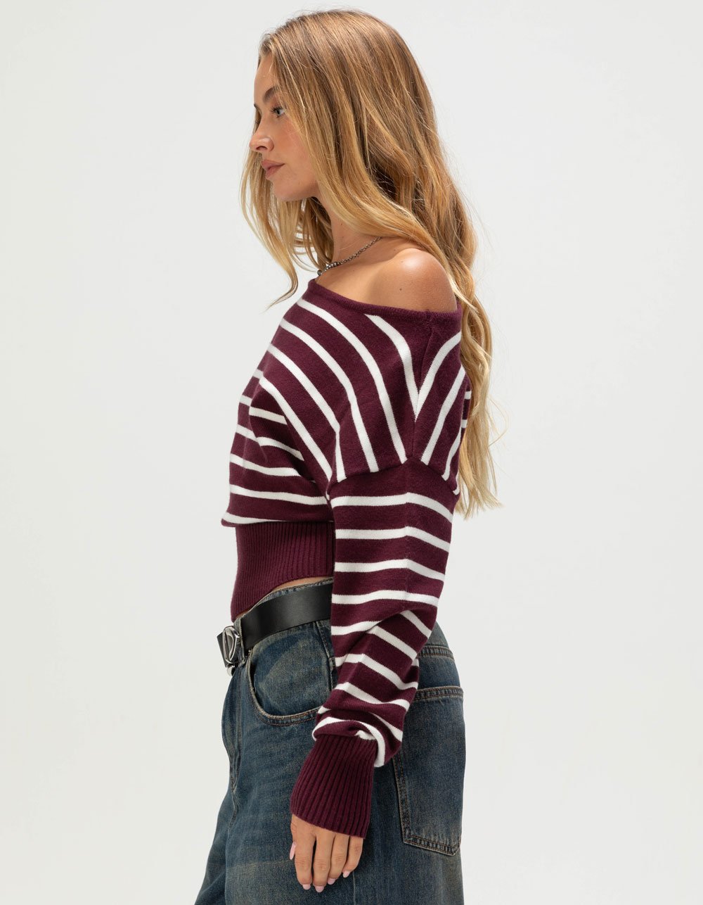 RSQ Womens High Rib Stripe Off The Shoulder Sweater - BURGUNDY
