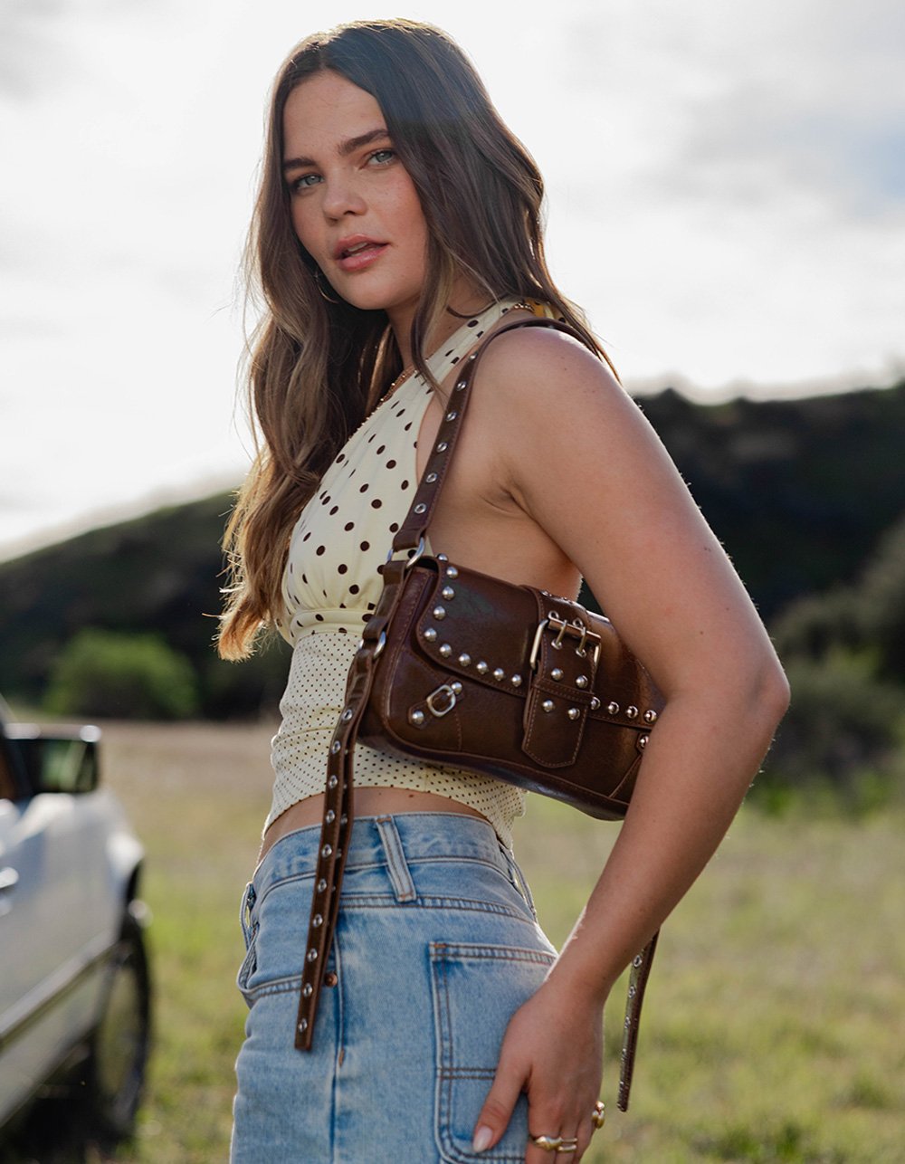 Studded Buckle Shoulder Bag - BROWN