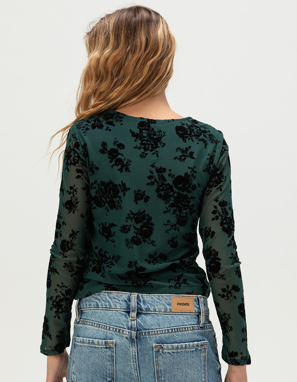 RSQ Girls Flocked Long Sleeve Mesh Top - TEAL GREEN