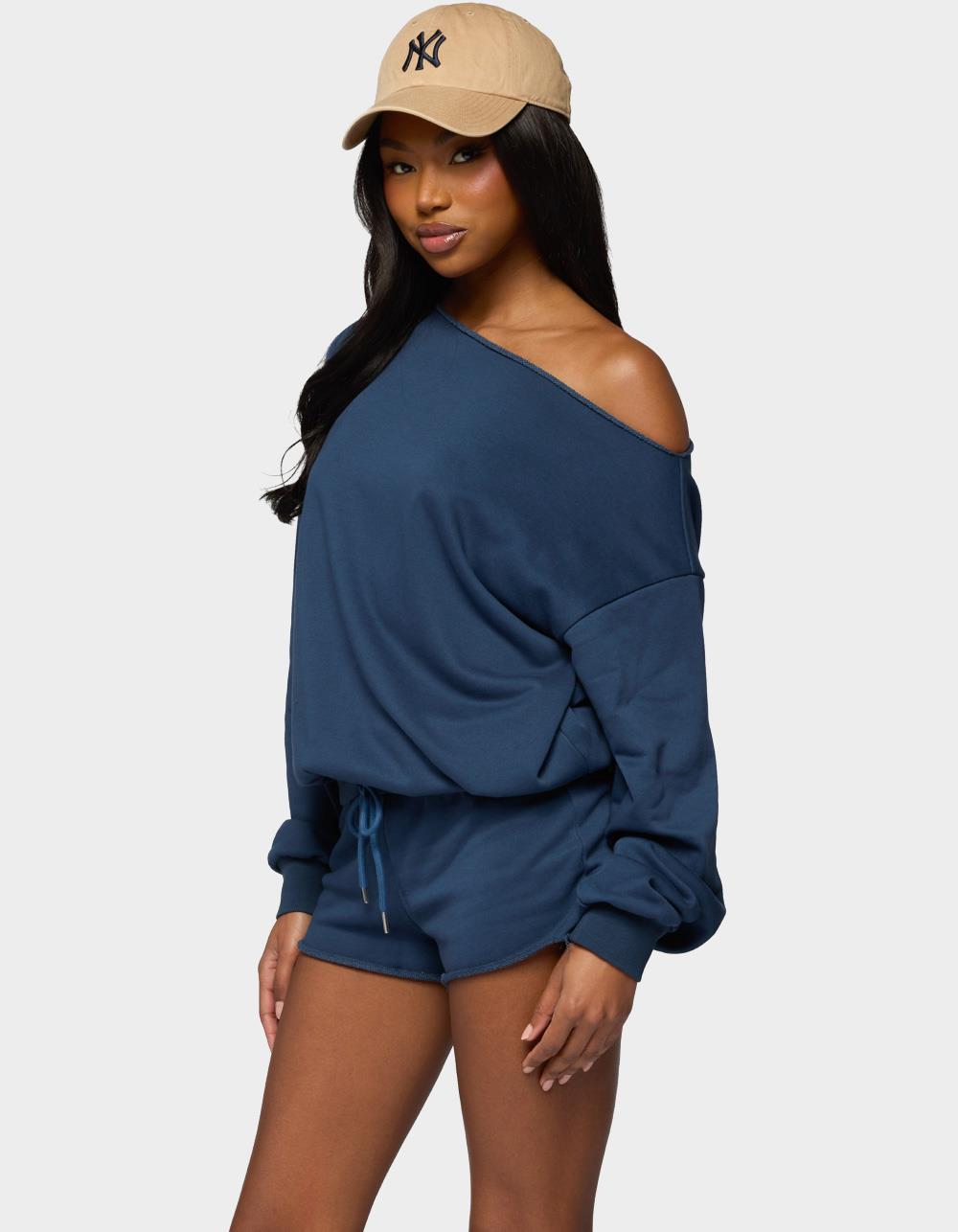 EDIKTED Juana Off Shoulder Lightweight Sweatshirt - NAVY