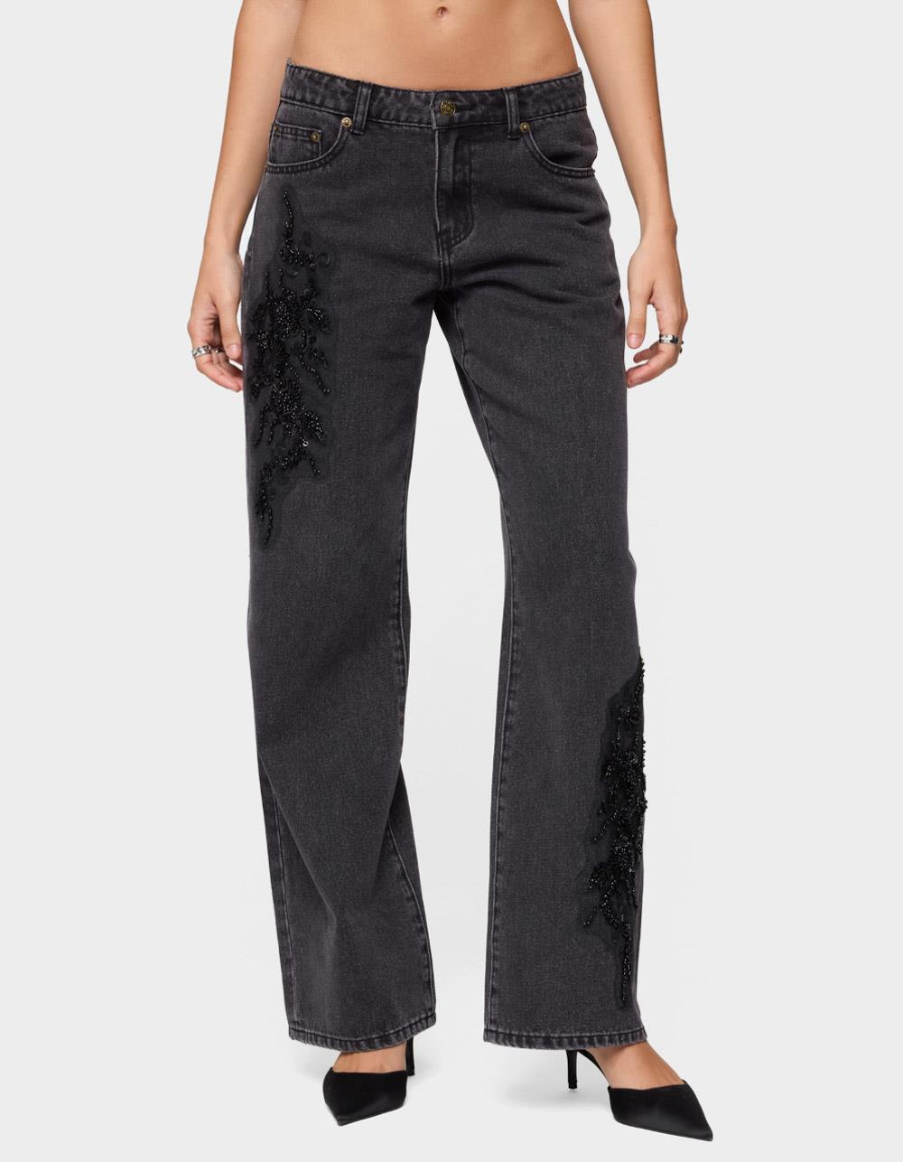 EDIKTED Rossa Beaded Low Rise Jeans - BLACK