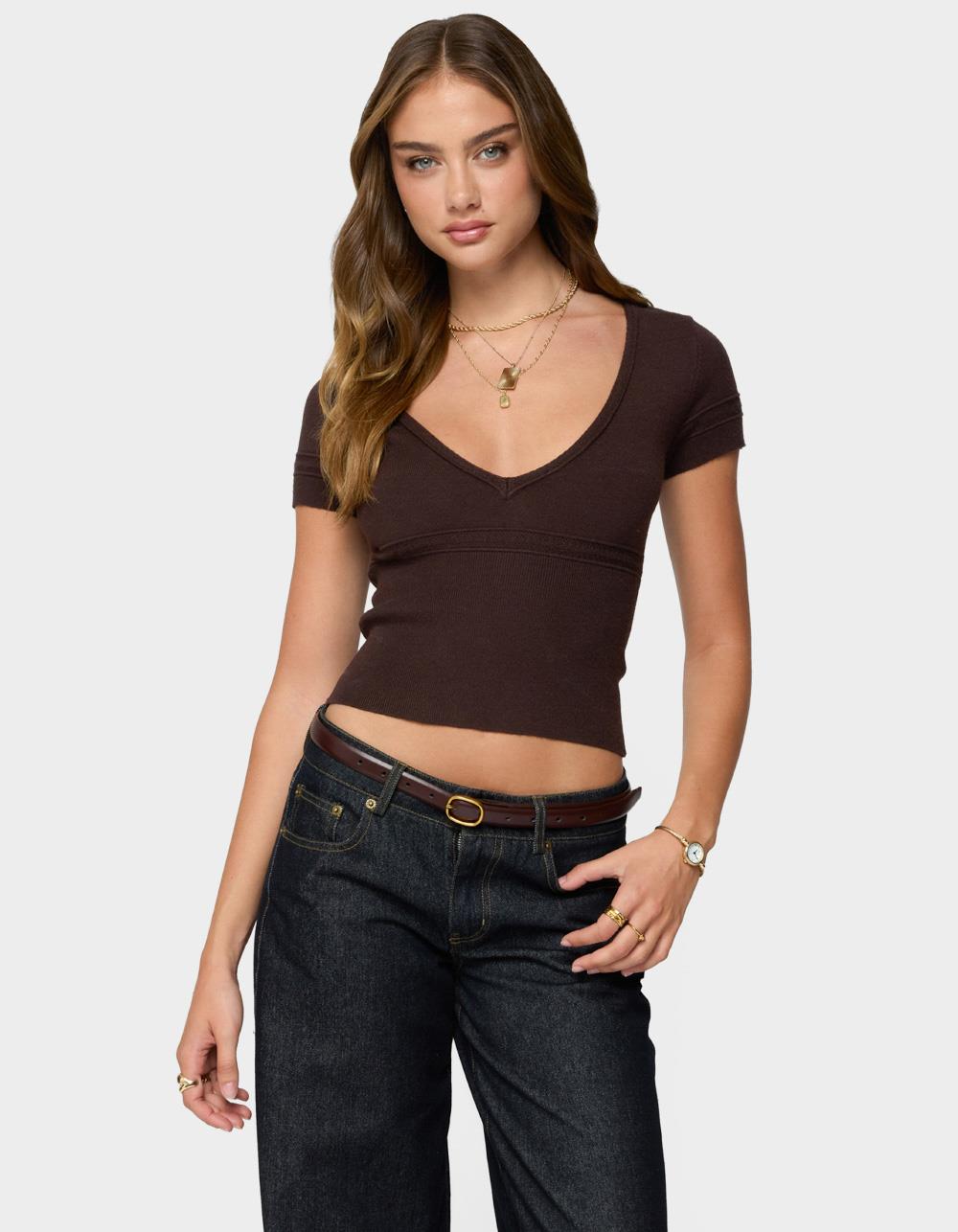 EDIKTED Theresa V-Neck Knit Top - BROWN