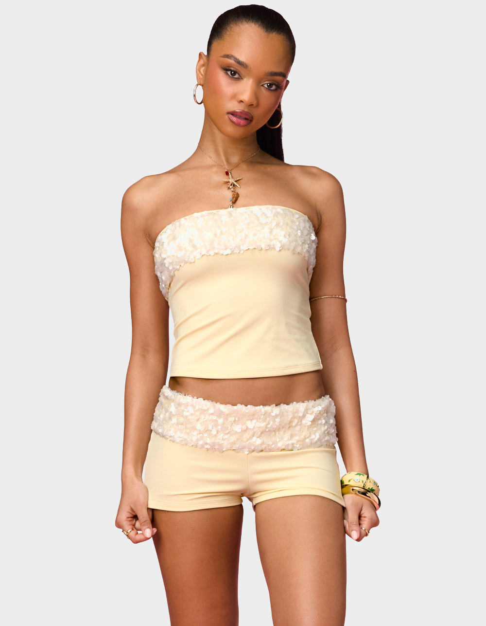 EDIKTED Chic Barbie™ Sequin Tube Top - LT YELLOW